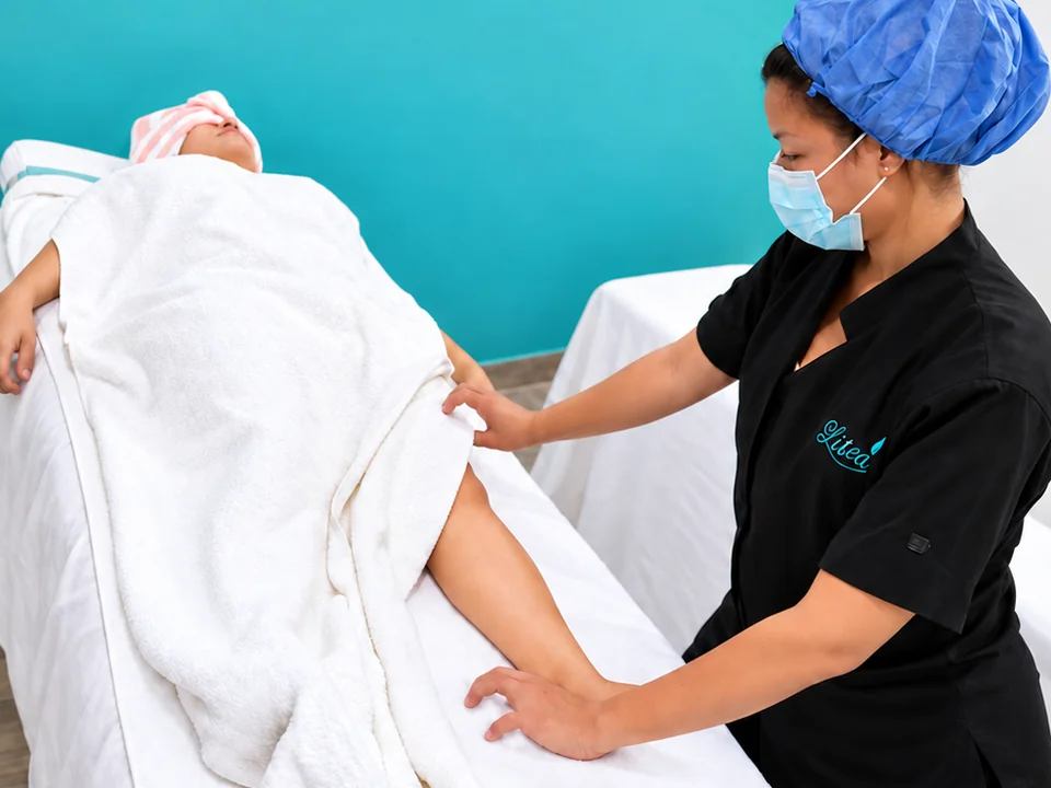 Alumna de cosmetología realizando un tratamiento corporal en cabina